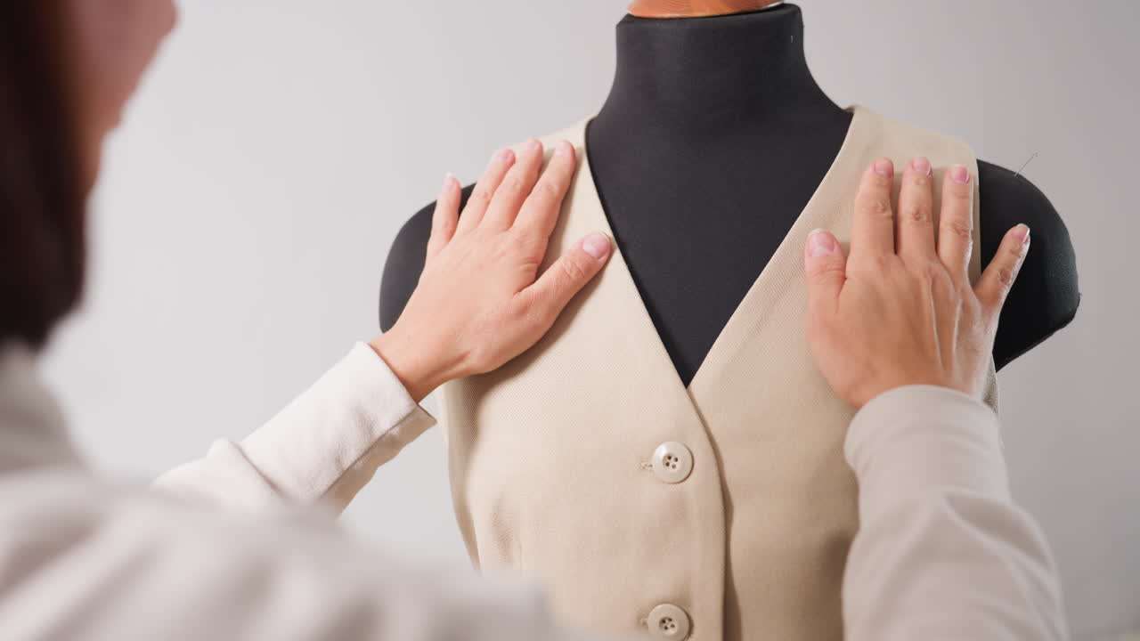 Back view garment maker adjusts beige sleeveless vest on black mannequin, hands smoothing shoulders, aligning seams, ensuring drape during meticulous fitting inside minimalist fashion studio