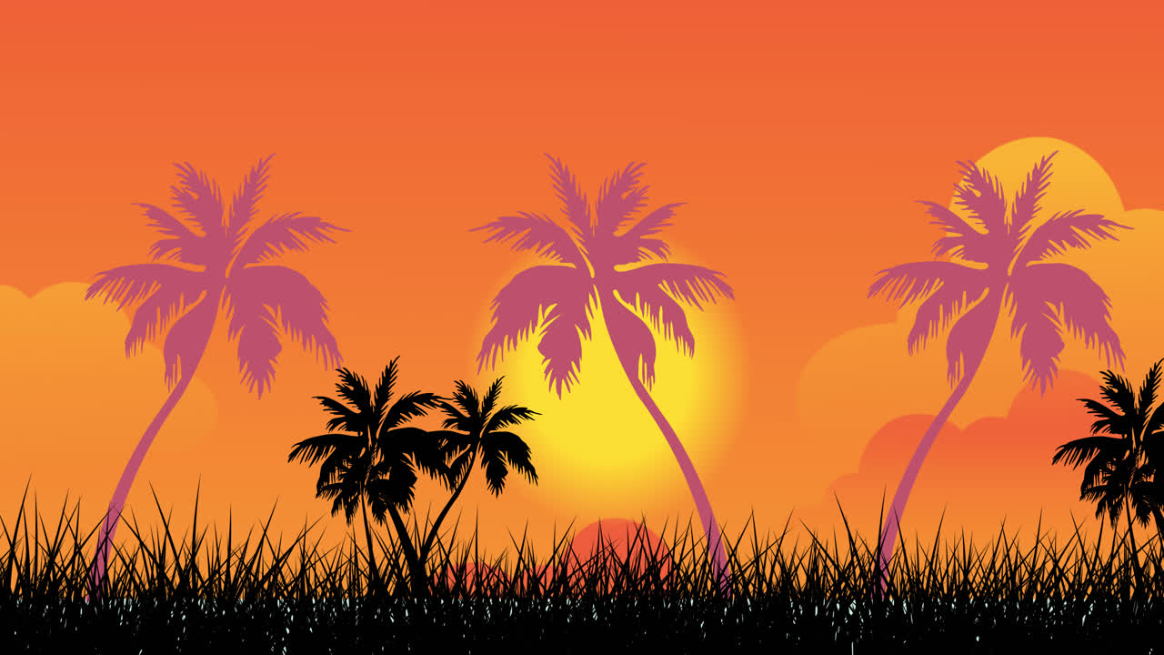 Animation of palm trees over sun on orange sky
