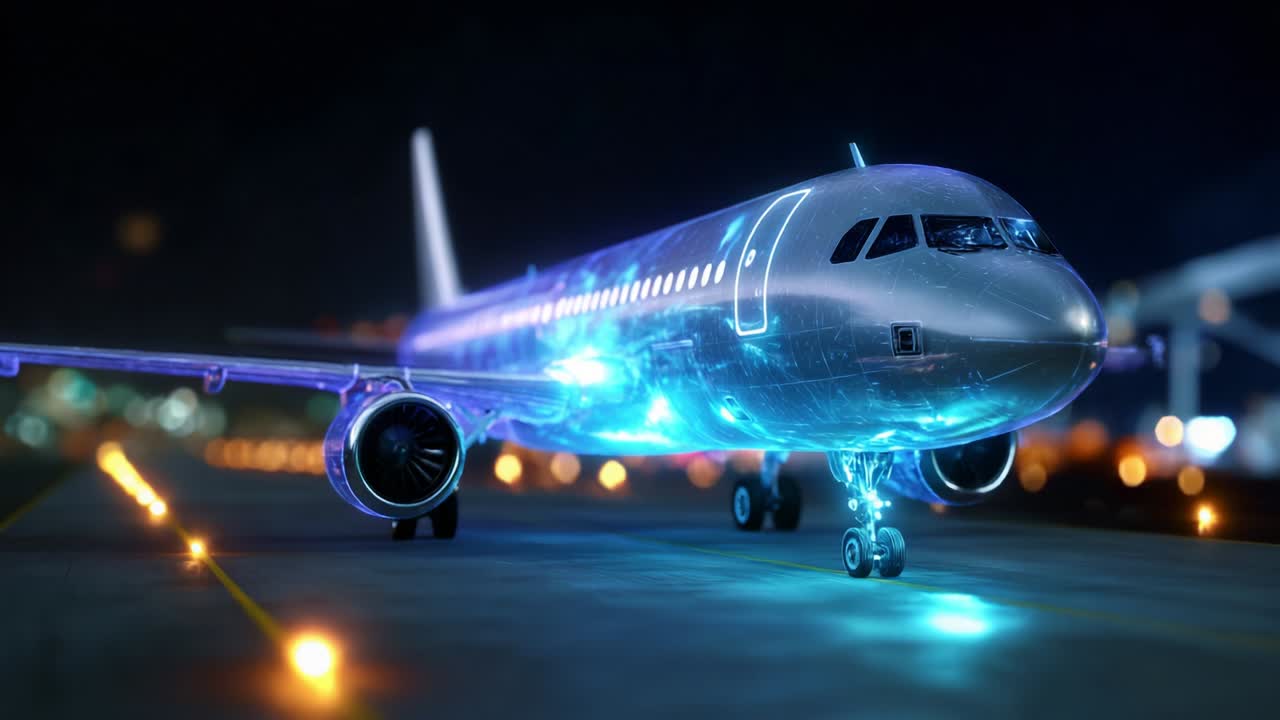 A Stunning Modern Aircraft with Illuminated Details Captured at Night, Showcasing Innovative Engineering and Design in an Aerial Environment, Perfect for Aviation Enthusiasts and Technology Lovers Alike