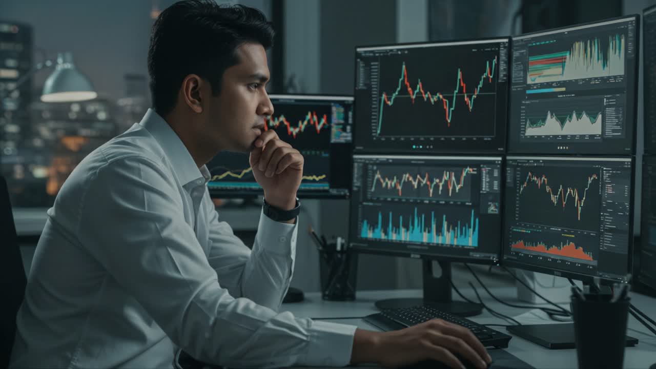 A Focused Trader Analyzing Financial Markets on Multiple Monitors Displaying Complex Charts and Data, Engaged in Strategic Decision-Making at Night