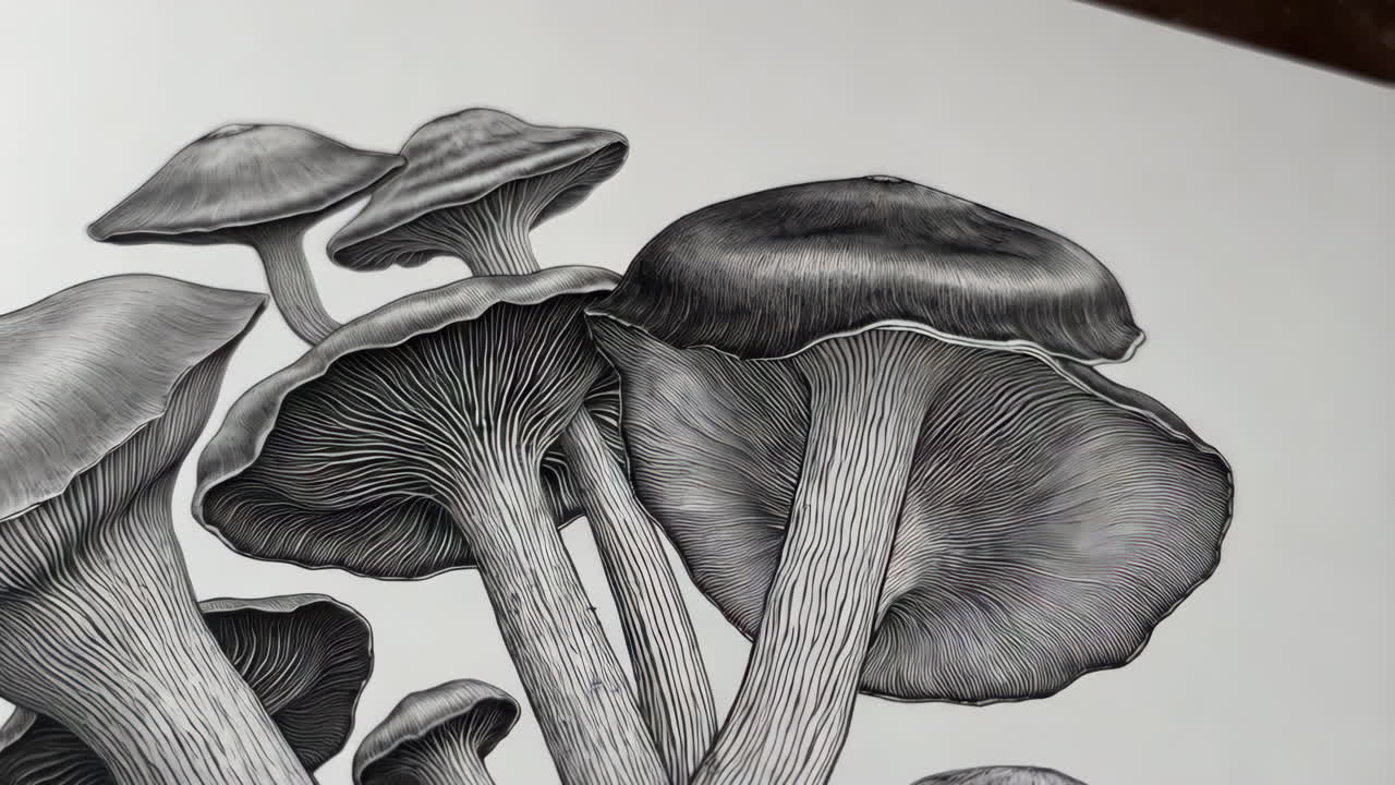 Detailed Black and White Drawing of Mushrooms