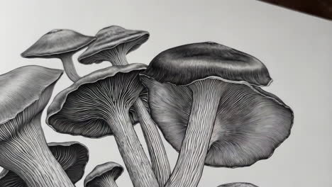 detailed black and white drawing of mushrooms