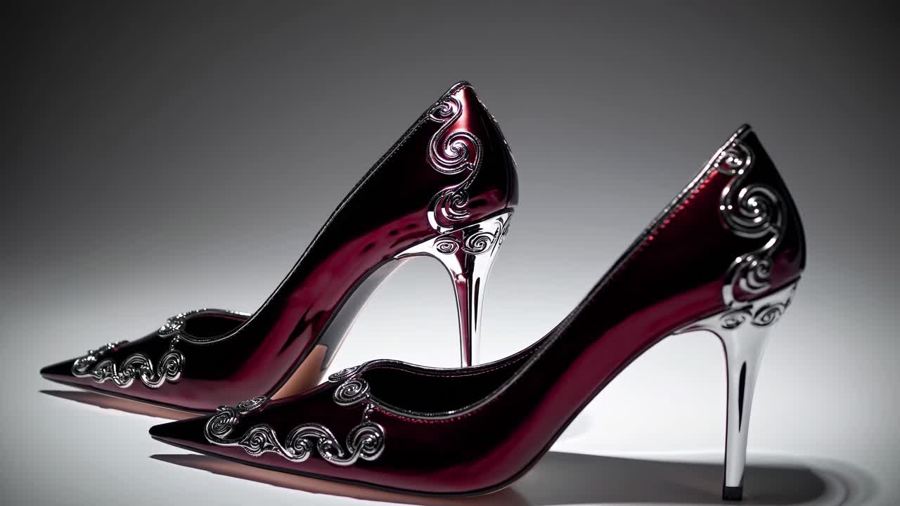 Elegant high-heeled shoes with intricate silver detailing showcase a luxurious design, highlighting the glossy finish and unique craftsmanship in a captivating visual sequence
