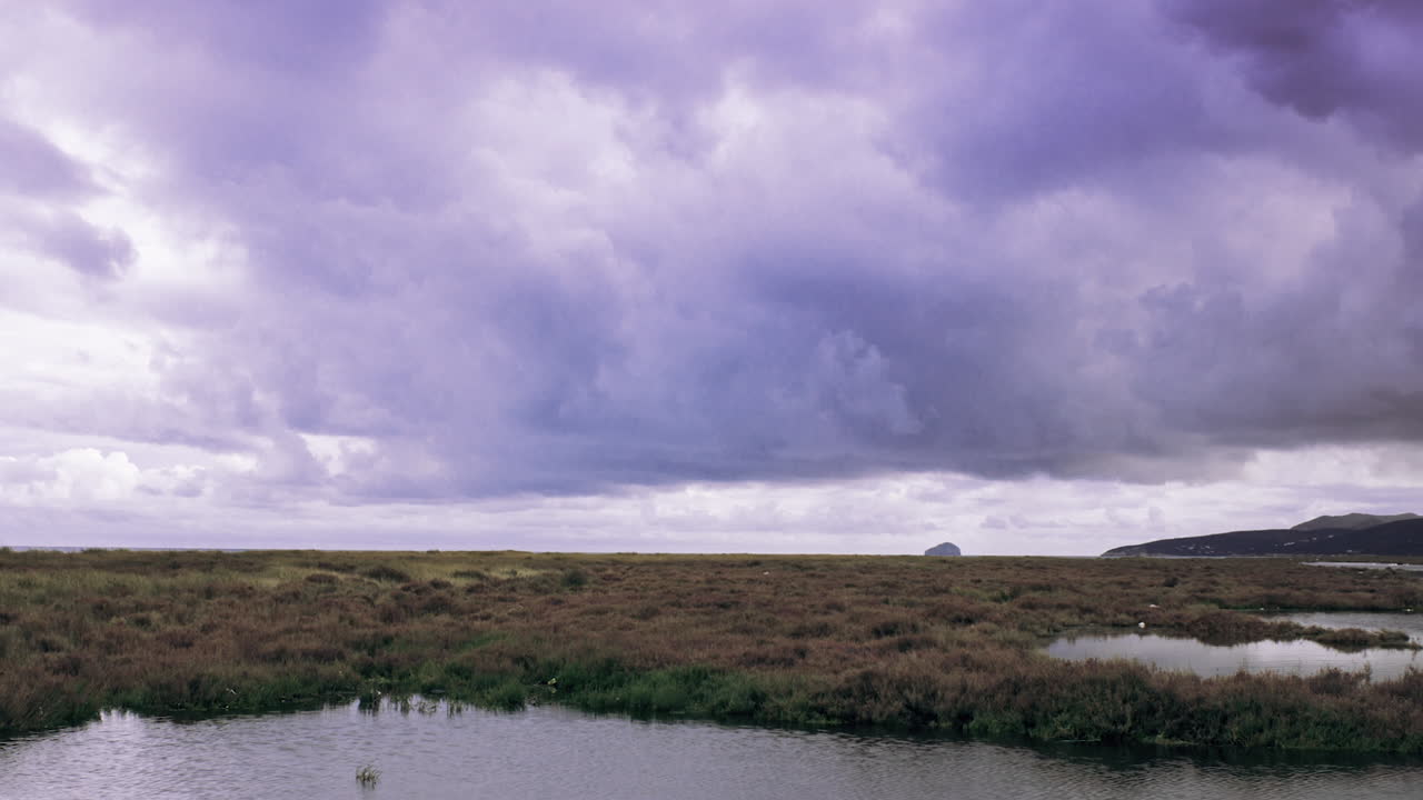 Dramatic sky over peaceful meadow, cloudscape, timelapse
