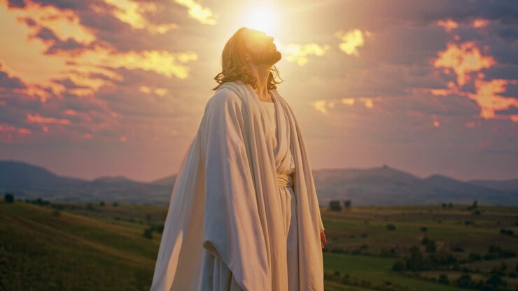 A serene video scene of a person in a white robe, shot from a low angle, gazing upwards
