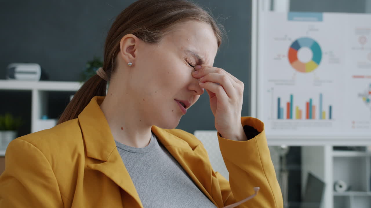 사무실에서 두통을 겪는 여성