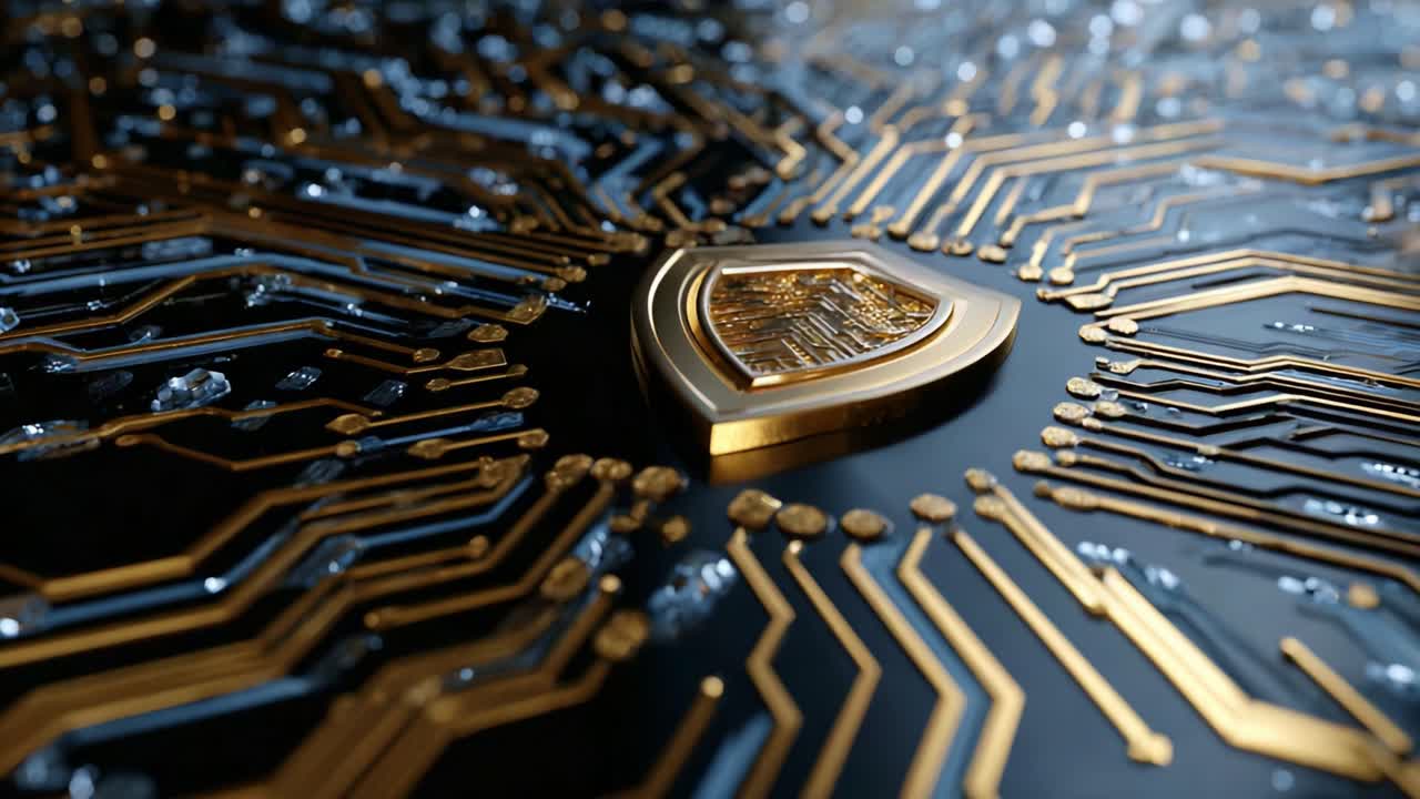 Intricate Golden Circuitry with Central Shield Design Reflecting Advanced Technology and Innovation in Modern Electronics and Digital Security Systems