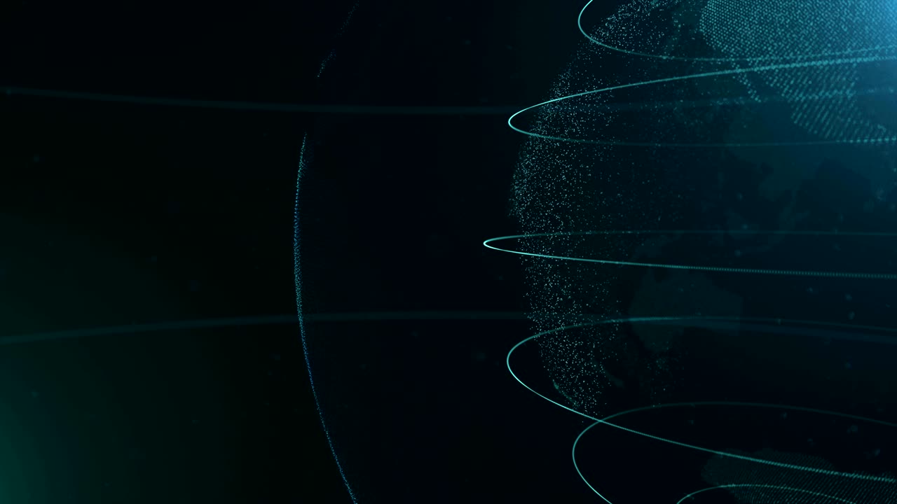 Abstract sphere. Cropped sphere. Connected azure blue dots with lines. Globalization interface. Planet is moving on the right side. 4K.