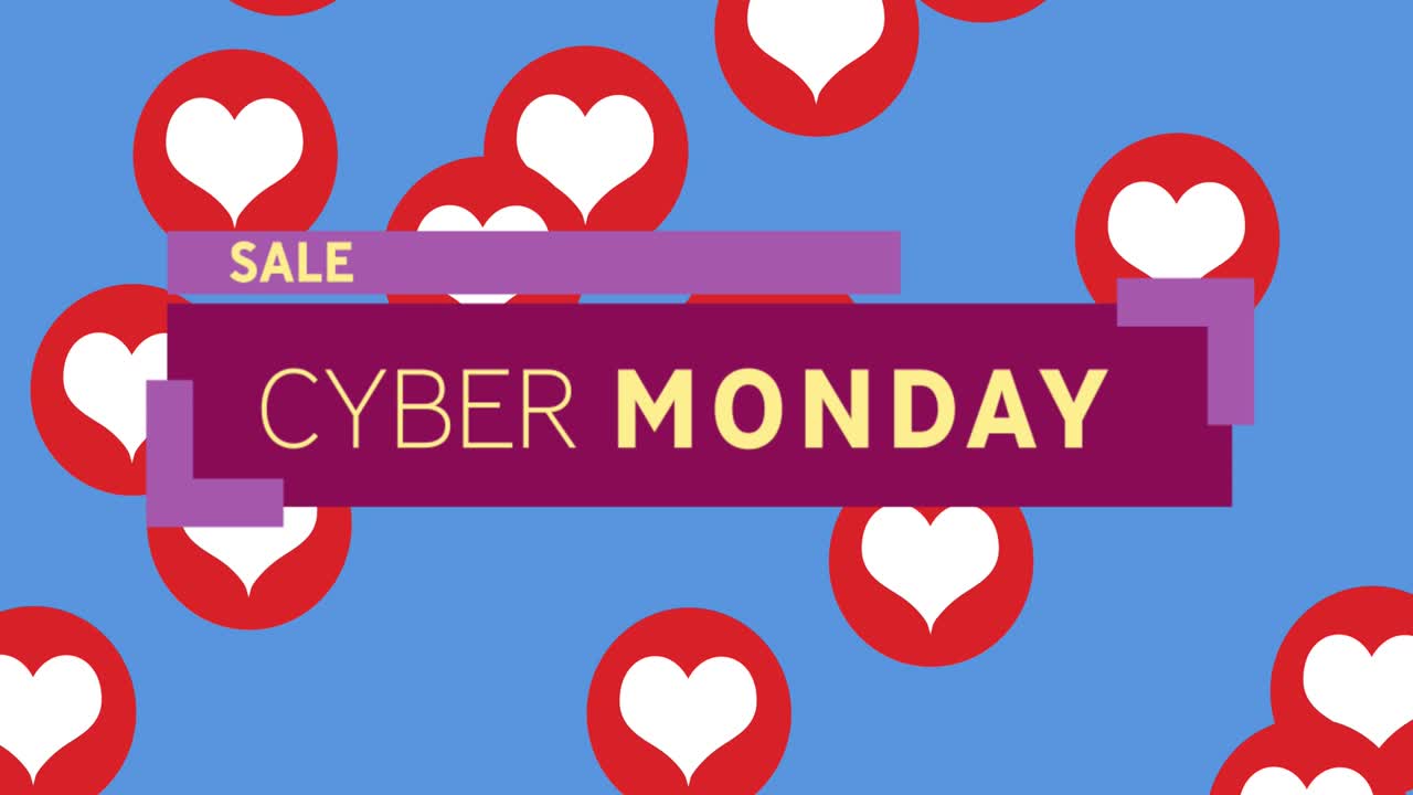 사이버 월요일 판매 텍스트 파란 배경에 빨간 심장 아이콘에 대한 보라색 배너에