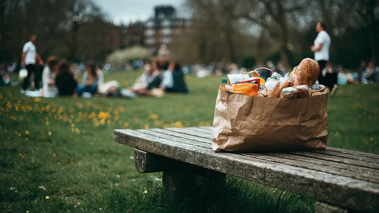 A Brown Paper Bag Overflowing with Food Waste Sits on a Bench in a Busy Park, Surrounded by Groups of People Enjoying Nature and Relaxation in a Lively Atmosphere