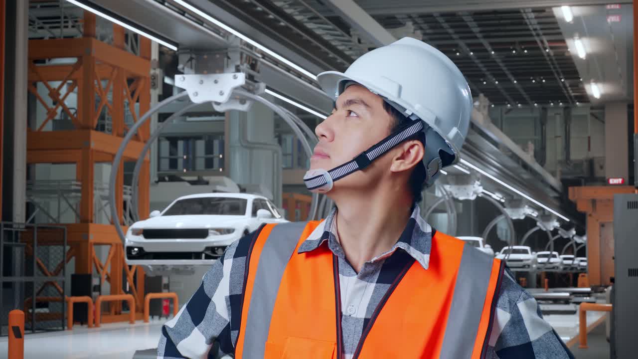 안전 헬을 착용한 아시아 남성 엔지니어가 팔을 들고 서서 주위를 둘러보며 ev 자동차 공장에서 아보