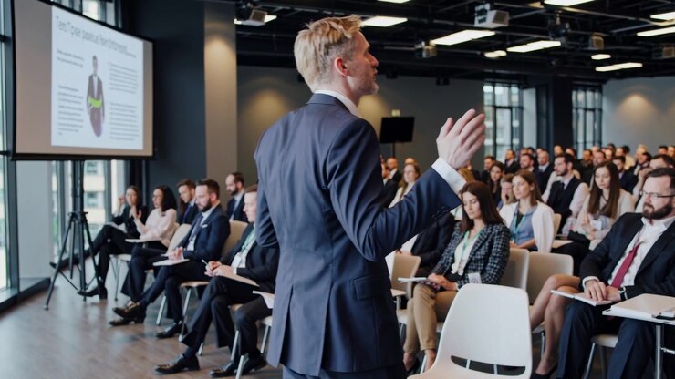 Businessman Giving a Presentation to a Large Audience in a Conference Room