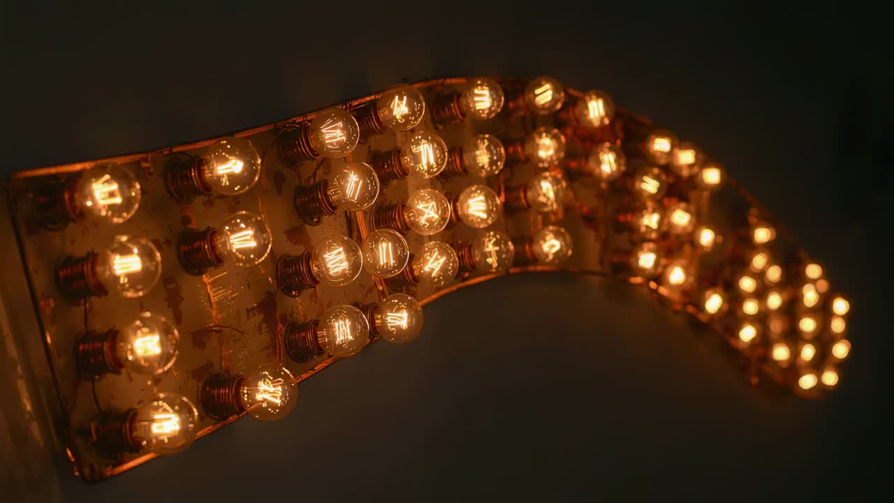 Powering electrical current lighting curved bulb strip in darkened studio, showing filament flicker