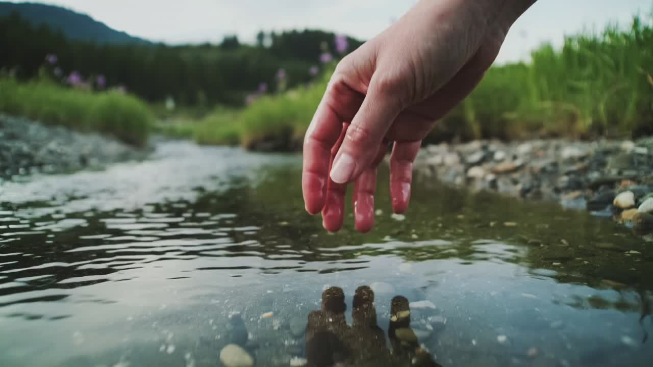 Entering bare hand lowering fingertips into shallow pebbled stream, stirring ripples, copy space