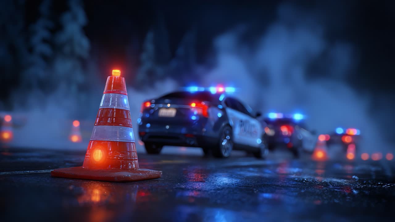 Emergency Response Scene Featuring Police Vehicles with Flashing Lights and Traffic Safety Cones Amidst Atmospheric Fog and Rainy Conditions