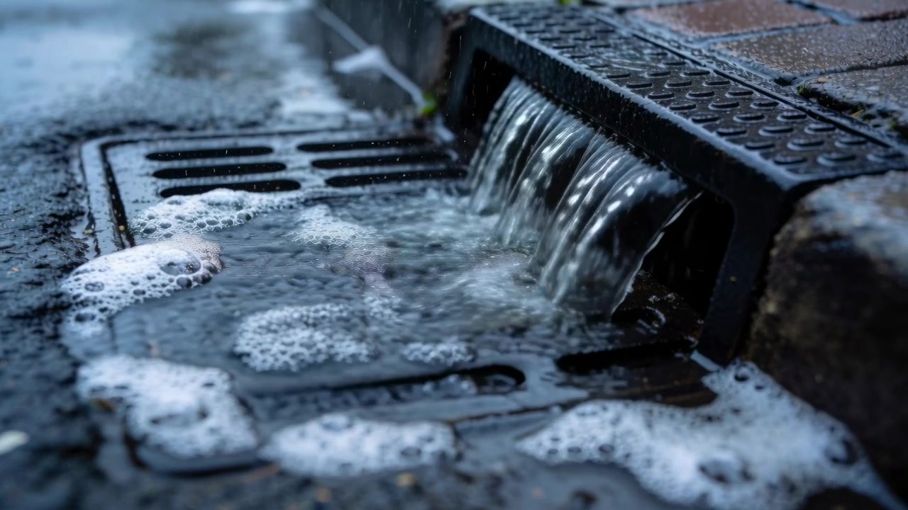 L'eau de ruissellement coule dans le caniveau de la rue sous une pluie légère, poussant de la mousse vers la grille d'évacuation des eaux pluviales.