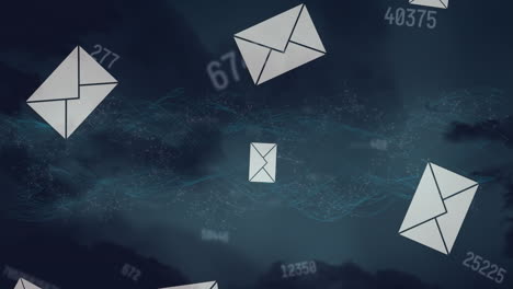 Animation-of-envelopes-falling-over-data-processing-on-black-background