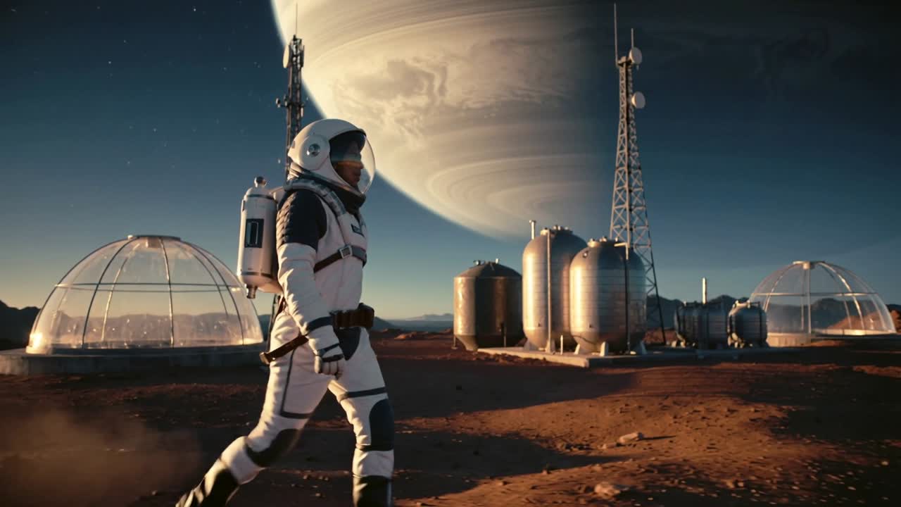 En astronaut i rumdragt træder og begynder at gå mod højre på en rød slette for at inspicere en kuppel, passerer tanke.