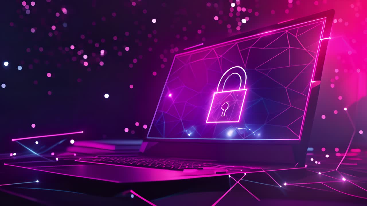 Secure Laptop with Neon Lock Graphic