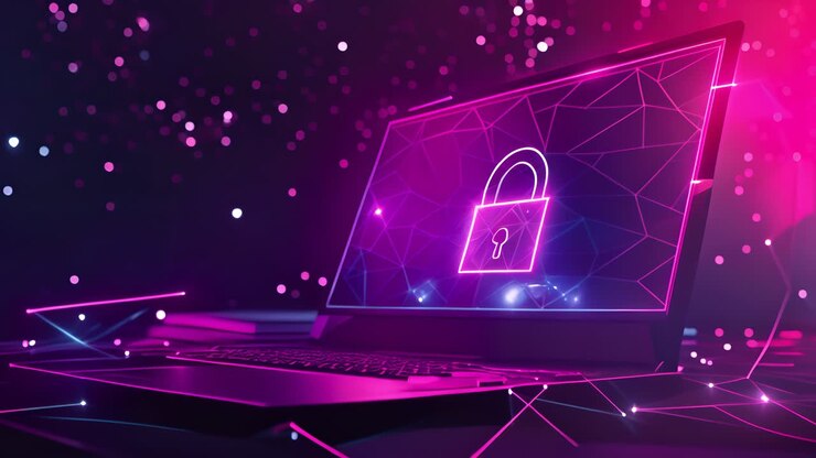 Secure Laptop with Neon Lock Graphic