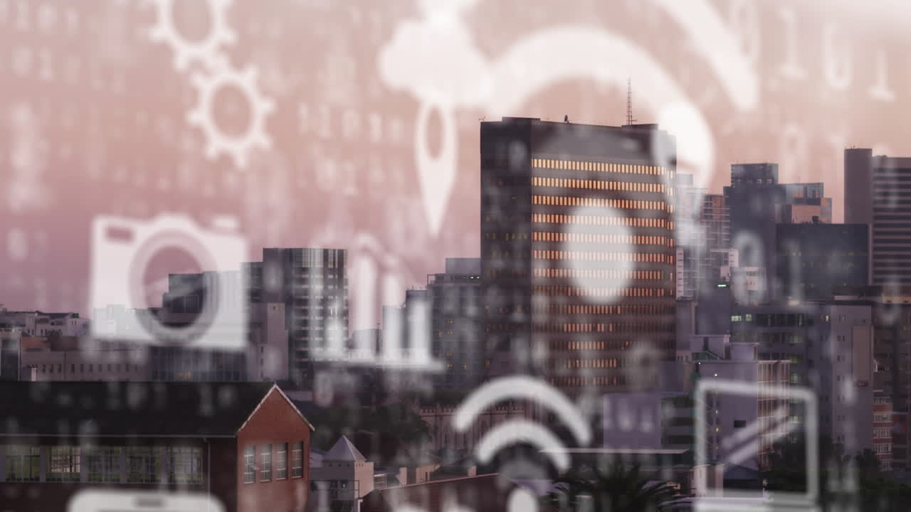 도시 풍경 위에 떠다니는 기술 아이콘의 애니메이션