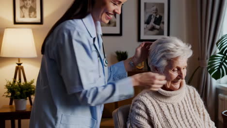 caregiver assisting an elderly woman at home