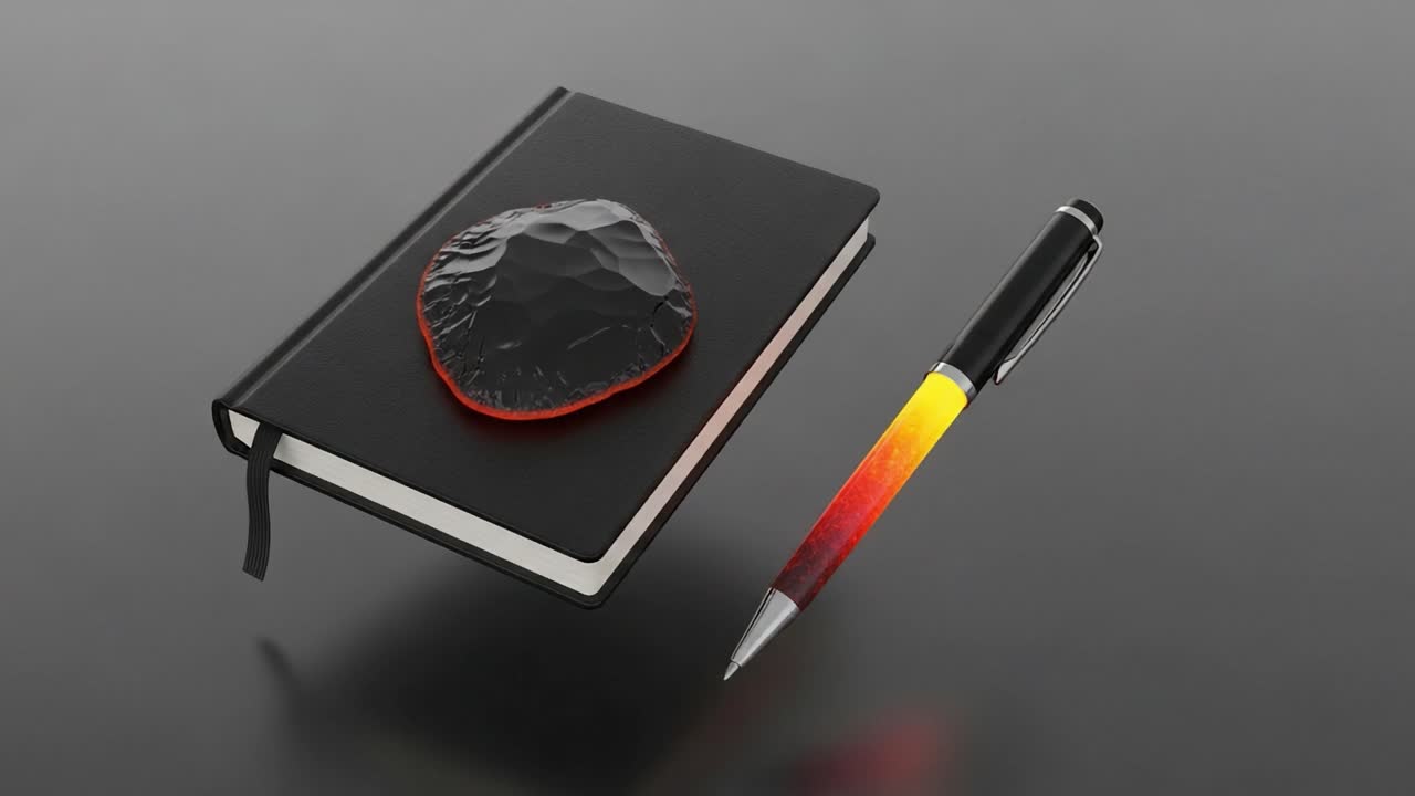 A Captivating Still Life: An Elegant Black Notebook, Vibrantly Colored Pen, and Unique Stone on a Smooth Surface, Perfect for Creative Inspiration and Reflection