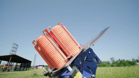 slow motion clay pigeon from the side. bench shooting on plates. v-log bench shooting on plates. automatic machine for throwing plates for shooting. throwing machine for bench shooting.