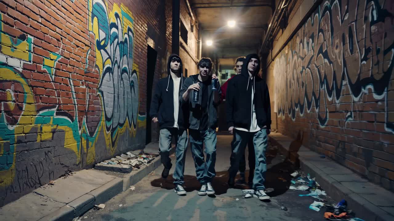 Teenagers walking down a graffiti covered alley at night