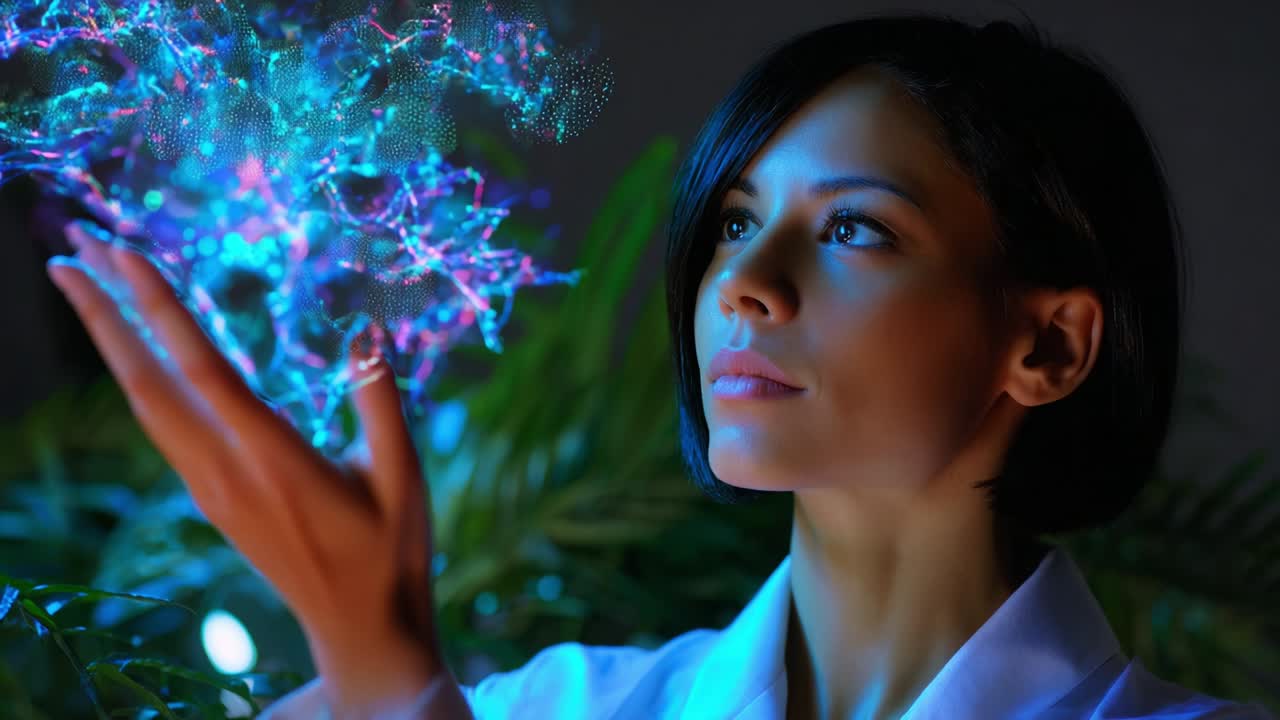 A captivated scientist engages with a mesmerizing display of holographic data swirling above her hand, reflecting a future where technology and human imagination collide in stunning visual symphony
