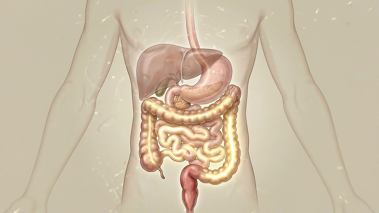 Transparent torso illustration displaying stomach and intestines on beige