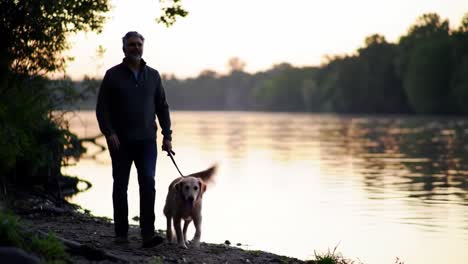 a serene evening stroll by the river: a man enjoys quality time with his golden retriever, embracing nature's tranquility and the bond of friendship