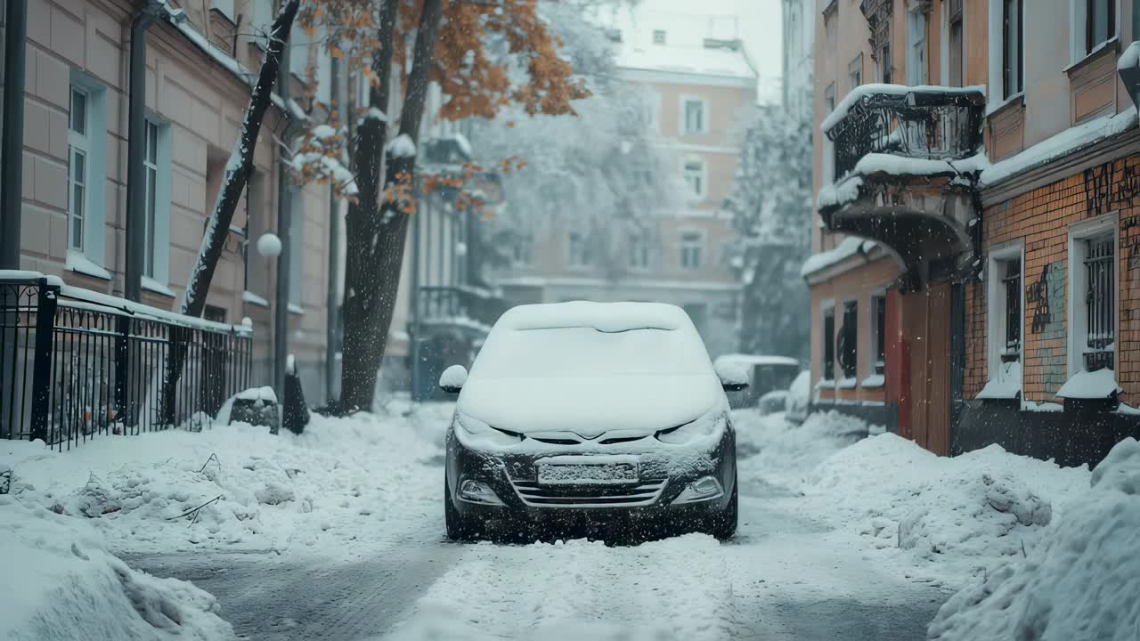 Snow covered vehicle resting between towering snowdrifts along quiet residential street, surrounded by winter landscape with buildings, trees framing frosty urban scene