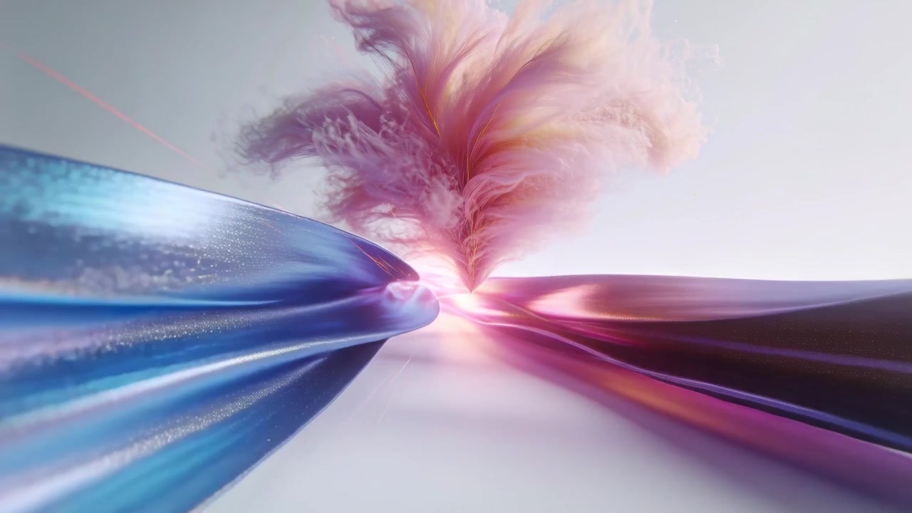 Advancing camera showing two shiny ribbons meeting luminous nexus in studio, creating pastel plume