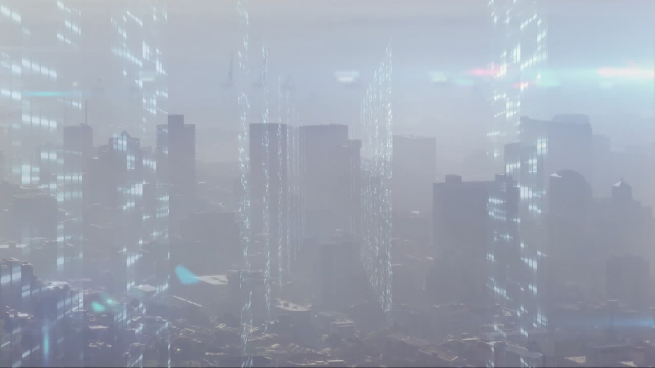 3D render showing cluster of skyscrapers glowing with windows and light streaks drifting in fog