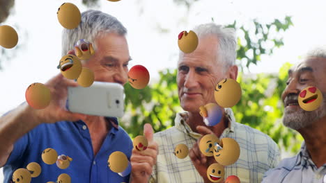 emoji icons with friends taking a selfie in the background 4k
