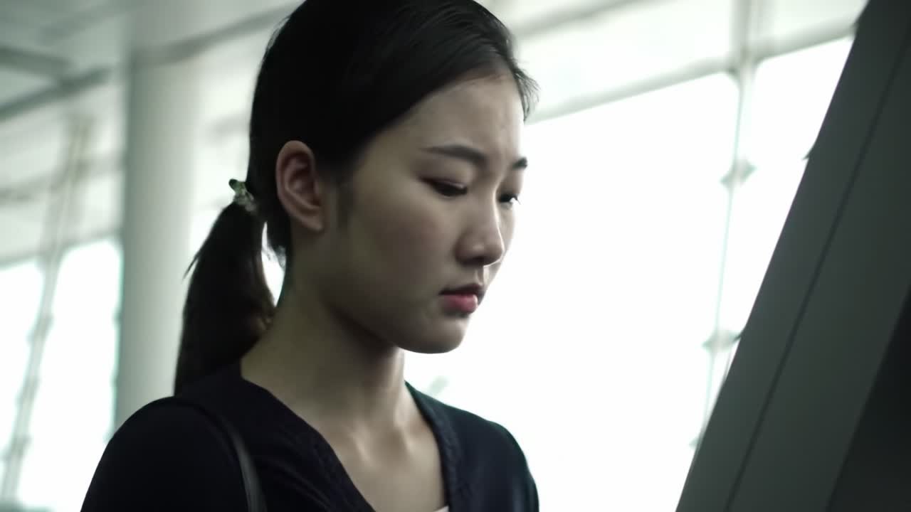 A young woman engaging with a digital kiosk, showcasing her concentration and focus amidst a modern environment with natural light filtering through.