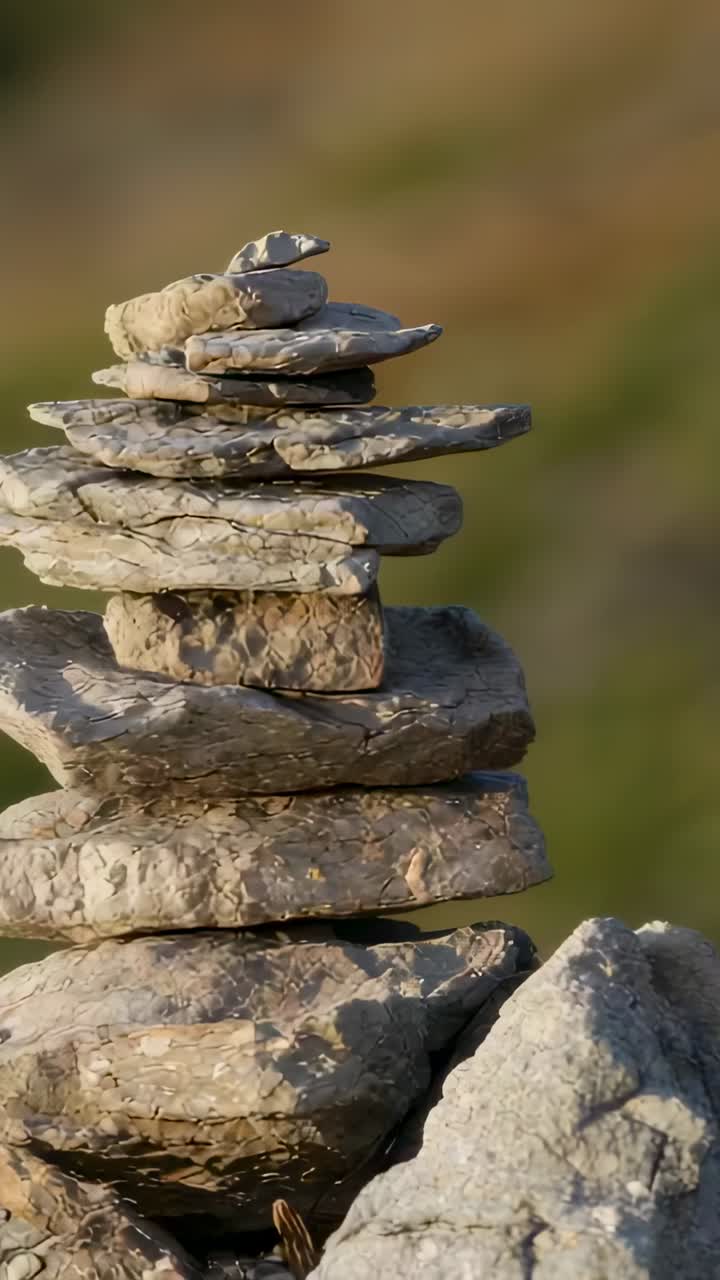 Vertical video: Showing stone cairn with camera pushing, revealing layers on rock and grassy slope