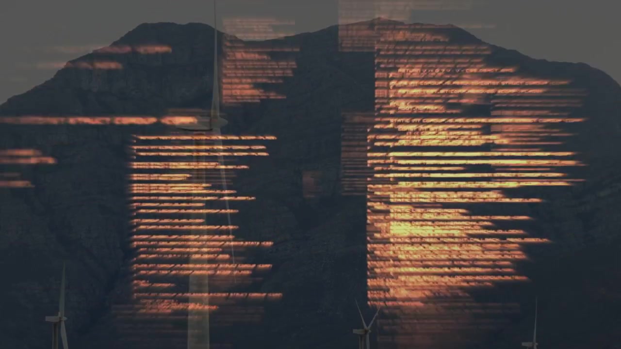 Glowing code overlay appearing over energy turbines at dusk, growing into bright block then fading
