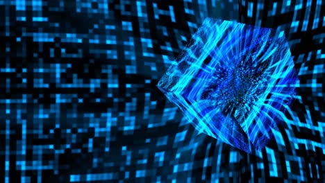 reflexión del cubo abstracto forma de onda de la cueva oscura visualización tecnología de onda fondo de superficie digital, animación abstracto tono azul patrón de partículas de luz cuadradas oscilación