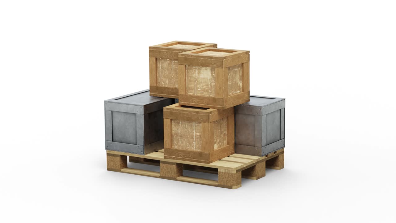 bucle girando alrededor de una paleta cargada con cajas de transporte de metal y madera de diferentes tamaños