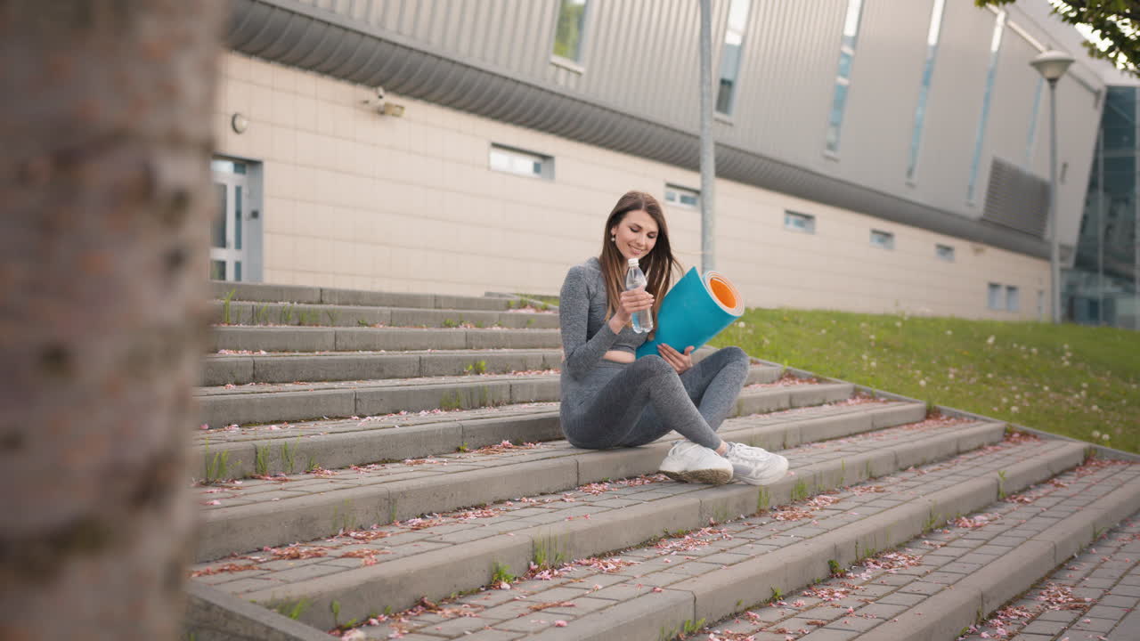 mujer tomando un descanso del yoga al aire libre