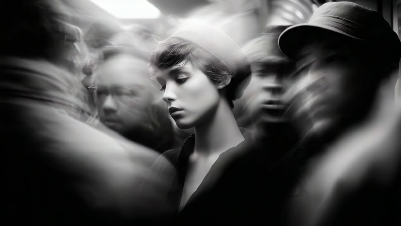 A contemplative moment captured in a bustling subway setting, featuring a model immersed in her thoughts amidst the blur of commuters, showcasing a stark contrast of solitude and chaos