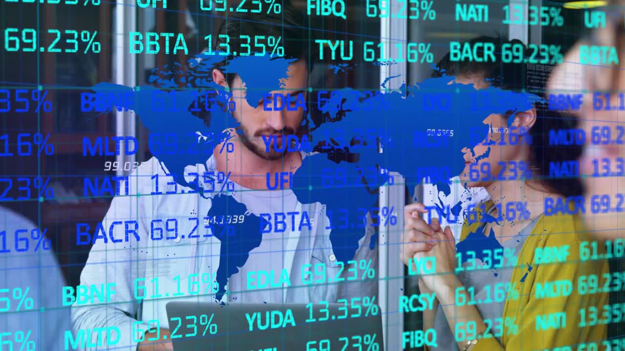 Two professionals analyzing laptop and noting as finance data overlay updating fueling decisions