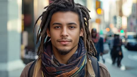 a man with dreadlocks standing in the middle of a city