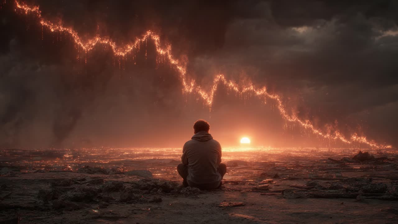 A Solemn Reflection Amidst the Fiery Ember Landscape: A Figure Observing the Diminishing Horizon as Flames Dance Above the Ground Against a Dramatic Sky