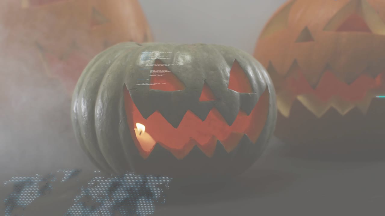 Codice di avvio con glitch, globo pulsante su zucca verde, sollevamento del coperchio che rilascia fumo