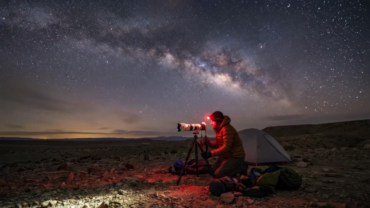 Astrofotografo con fotocamera e treppiede sotto il cielo stellato