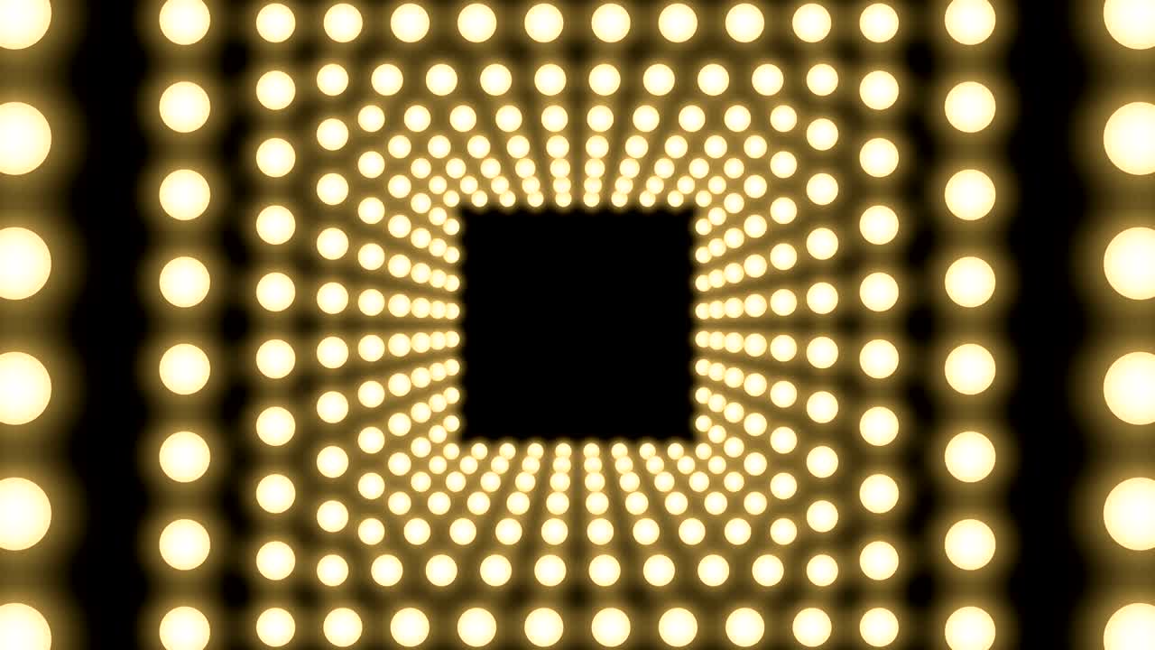 Tunnel Incandescent light bulb box frame square shape moving pattern, retro 3D virtual style illustration glow in dark background seamless looping animation 4K, with copy space