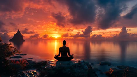 serene figure meditating at sunset near tranquil waters